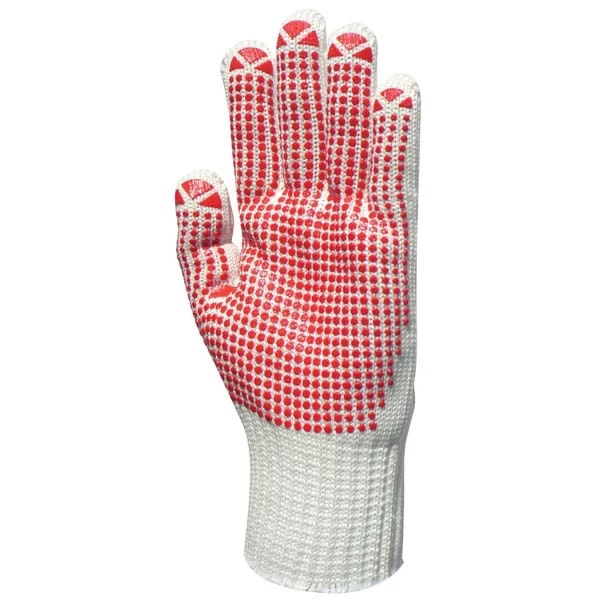 Kötött, piros pöttyös, vastag poliamid/pamut kesztyű